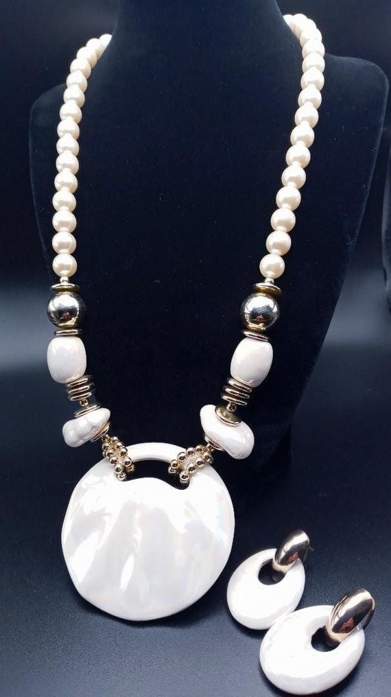 Faux Mother of Pearl and Faux Pearl Necklace and E