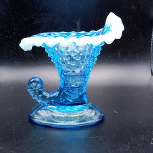 Fenton Blue Opalescent Hobnail Glass Cornucopia Candle Holder - Mid Century
