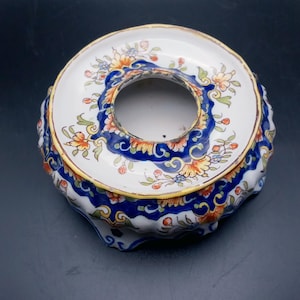 Antique French Faience Inkwell Stand, NO Liner, Hand Painted, Signed and Numbered, Cobalt and Multi-color Floral on White Footed Porcelain