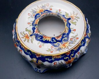 Antique French Faience Inkwell Stand: Hand-Painted Floral Porcelain