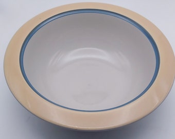 Arabia China, Finland,  Kombi 6 1/2 inch Rimmed Soup or Cereal Bowl, Gray with Yellow and Blue bands