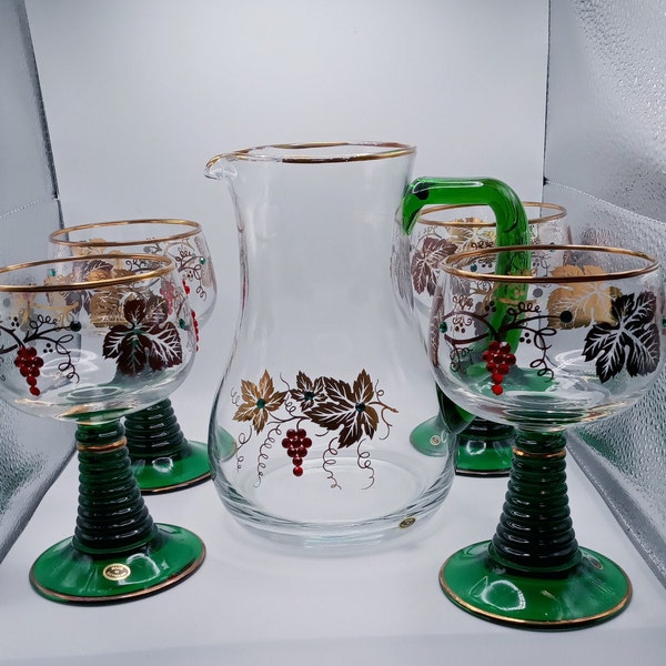 Bejewled Green Beehive Stem German Wine Glasses and Pitcher