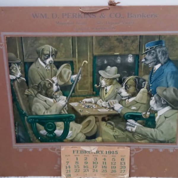 Cassius M Coolidge, Dogs Playing Poker, His Station and Four Aces, 1915 Advertising Calendar for Bank