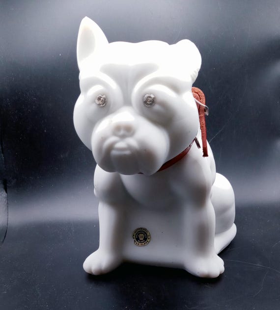 Westmoreland Satin Milk Glass Bulldog Doorstop With Red Collar (as