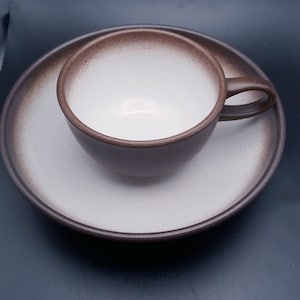 Heath Ceramics,  6.5 inch Coupe Bowl and handled Cup in Sea Sand, Dark Brown and Beige/Off White