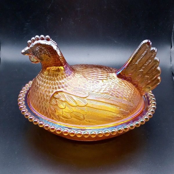 Amber Carnival Glass Hen On Nest, Indiana Glass, Chicken Candy Dish, Hen Trinket Dish