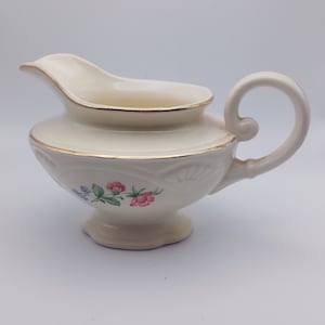 Homer Laughlin 1948 Cream Pitcher Floral on Off White, Ornate Handle Creamer