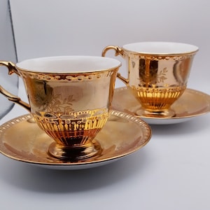 Crown Devon Fieldings, Gold Cups and Saucers, Victoriana Pattern, Staffordshire, Iron Stone