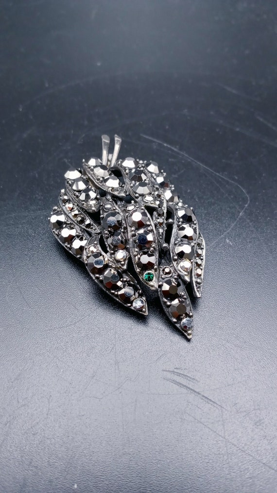 Large Marcasite Leaf Brooch, Mourning Jewelry, Bla