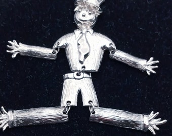 Articulated Scarecrow Brooch, Silvertone, Large, Halloween, Autumn Jewelry