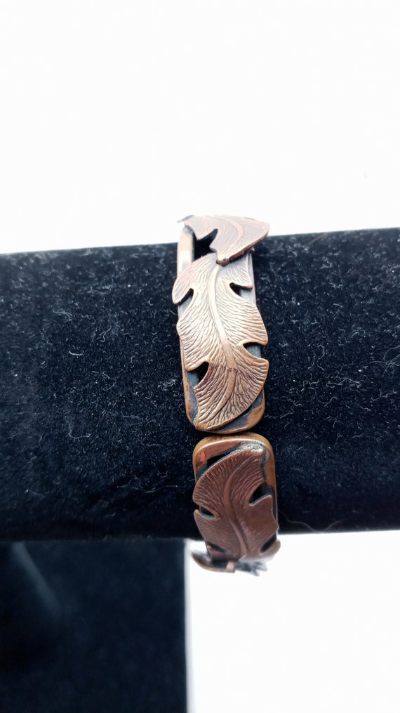 Copper Leaf Cuff Bracelet, Hinged, Warm Brown Pati