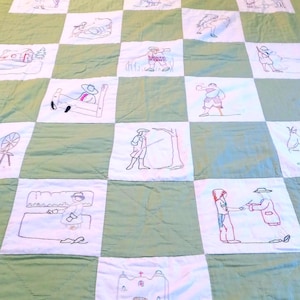 Handmade Embroidered Patch Quilt/Coverlet, Historical Scenes, Signed, Dated 1932, 96X68