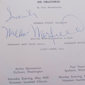 May include: A black and white printed flyer announcing a performance of "Elijah", an oratorio by Felix Mendelssohn. The performance will take place on Saturday, May 5th, 1956 at 8:00 PM at Bohler Gymnasium in Pullman, Washington. The flyer lists the names of the performers, including William Warfield as Elijah, Margaret West Davis as Soprano, and Lloyd Linder as Tenor.