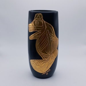 Sascha Brastoff Aztec Gold V4 Vase, Matte Black with Mythical Gold Creature, Signed, 1960s