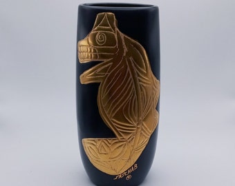 Sascha Brastoff Aztec Gold V4 Vase, Matte Black with Mythical Gold Creature, Signed, 1960s