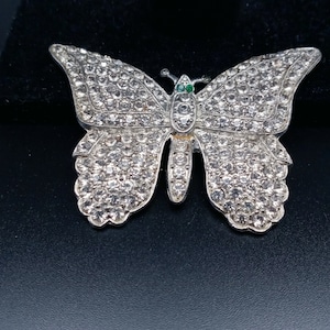 Large Pave Rhinestone Butterfly Brooch, Green Eyes