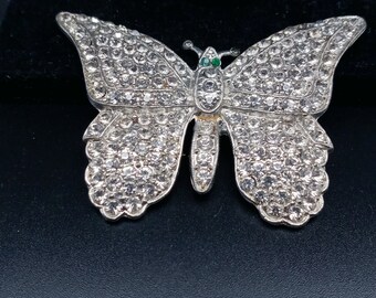 Large Pave Rhinestone Butterfly Brooch, Green Eyes