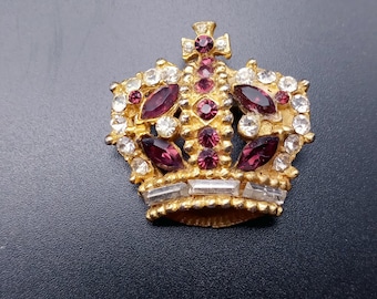Bellini Crown Brooch Purple and White Rhinestones, Gold Tone