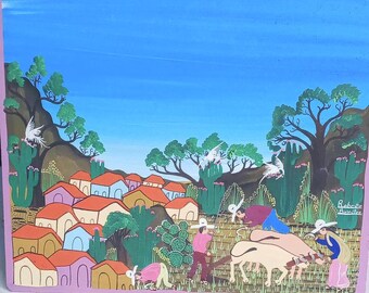 Roberto Benitez, Vibrant,Marvelous, Countryside, Village Scene Painting on Board, Unframed, About 12X10
