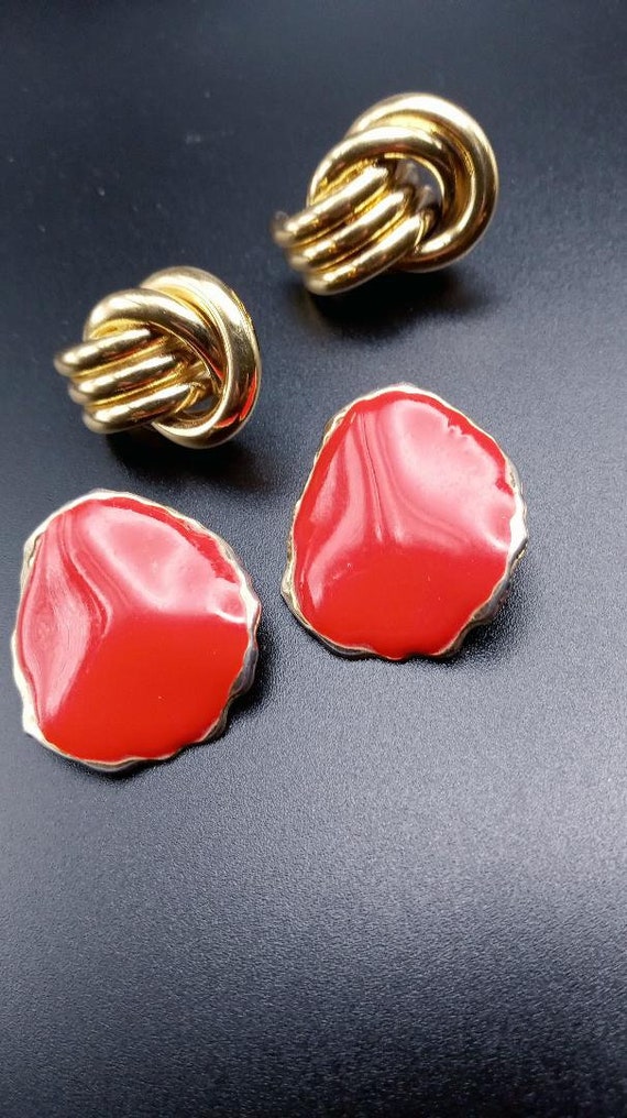 Vintage Gold Tone Love Knot and Red Enamel Earrin… - image 2