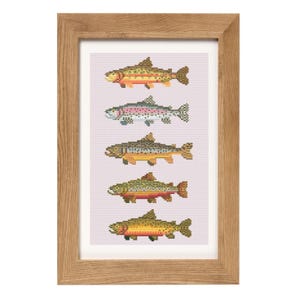 Może przedstawiać: Oprawiona praca w haftu krzyżykowego przedstawiająca pięć różnych gatunków ryb. Ryby są w różnych kolorach, w tym odcieniach żółtego, pomarańczowego, zielonego i różowego, na jasnoróżowym tle. Rama wykonana jest z jasnego drewna.