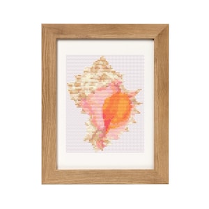 May include: A framed cross-stitch artwork depicting a pink and orange seashell with a white background.