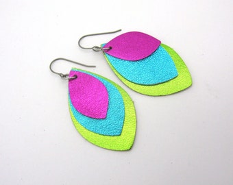 Light metallic leather earrings, handmade, pink turquoise green, very light colorful earrings