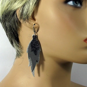 Light grey black leather earrings, very long three-layered leaf earrings, handmade