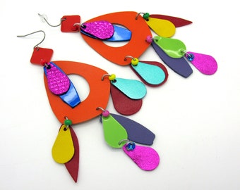 Huge colorful earrings, ultra light, handmade leather earrings with hypoallergenic titanium earwires