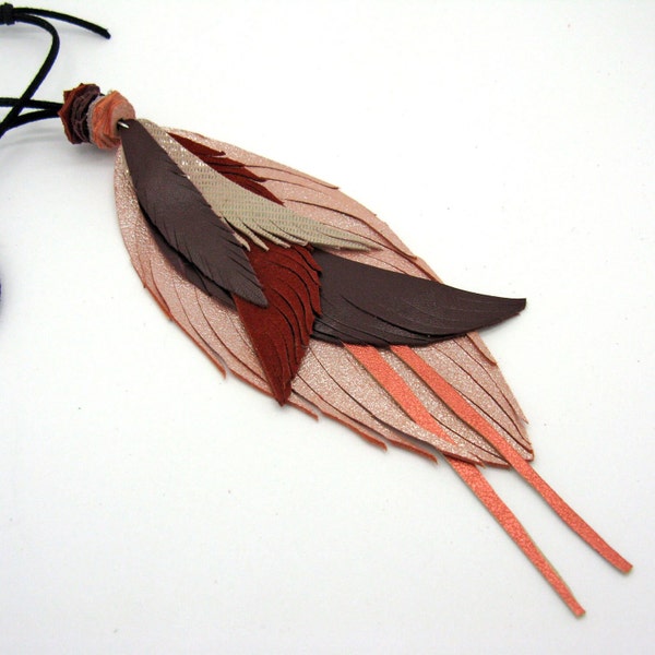 Salmon, brick, reddish brown long leather feather necklace, ultralight leather fringe necklace, statement necklace, ultralight