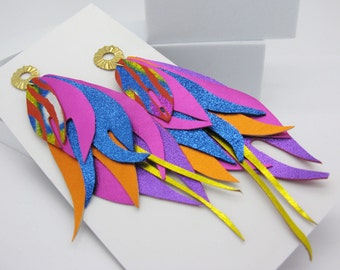 Very large pink orange blue glitter earrings, approx. 17-18 cm long, wild and cheeky, hand-cut from leather, various glitter leather