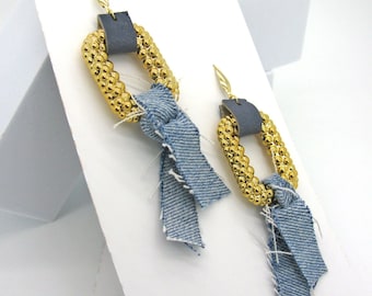 Large statement earrings, mixed media, wild and cheeky, made of leather, acrylic and jeans, handmade, lightweight, recycled,