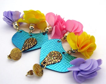 Colorful playful chandelier earrings with flower pendants, ultra light, handmade leather earrings
