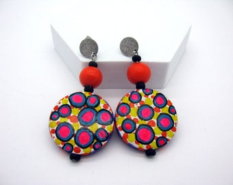 Large colorful hand painted wooden earrings with stainless steel studs, very light large earrings