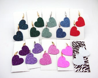 Sparkling heart earrings made of very glittery leather, small or large, different glitter leather to choose from, ultralight