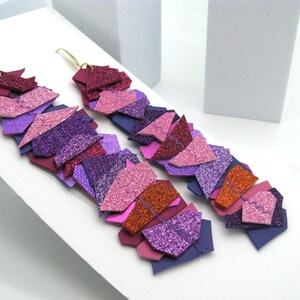 Large pink and purple leather earrings, approx. 14.5 cm long, wild and cheeky, glitter and metallic leather, statement leather earrings