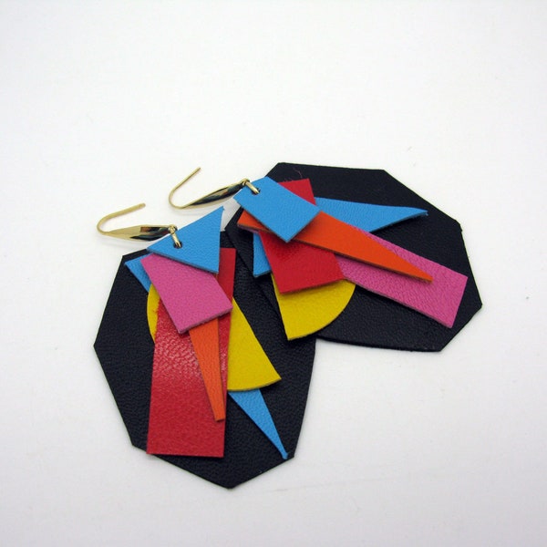 Colorful ultralight playful earrings, wild shapes variety, earrings, handmade from leather, gold-plated surgical steel ear hooks