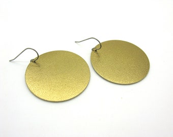 Very light gold leather earrings with hypoallergenic titanium earwires, handmade, simple and big