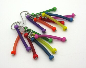 Colorful, playful caoutchouc earrings, very light, colorful ear hangers, lots of fluff and little weight, hypoallergenic titanium ear hooks