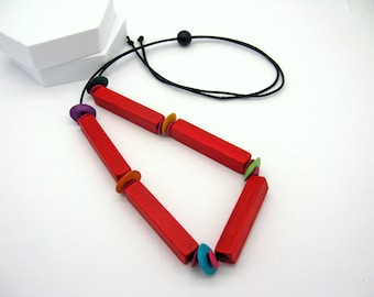 Long red colorful hand-painted wooden bead necklace with ceramic beads, large long wooden beads, square beads