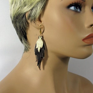 Light bronze gold leather earrings, very long three-layered leaf earrings, handmade
