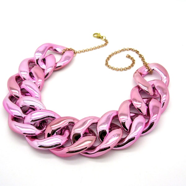 Pink metallic colored huge plastic curb chain, statement link chain, oversized, super chunky coarse knit chain, thick acrylic chain