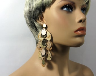 Huge beige brown gold chandelier earrings, ultra light, handmade leather earrings, steatement earrings