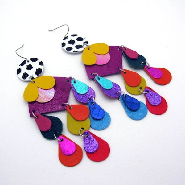 Large colorful chandelier earrings, handmade leather earrings, statement earrings, chandelier earrings, unique piece