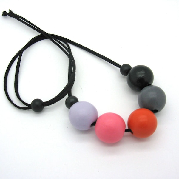 Long apricot old pink lilac gray black wooden bead necklace, large round wooden beads, super chunky statement necklace