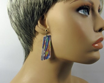Very light colorful leather earrings with hypoallergenic titanium earwires, handmade, holographic iridescence