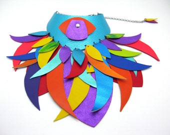 Colorful leather necklace, bib necklace, leather feather necklace, short statement necklace, leather choker, ~ 45 - 50 cm