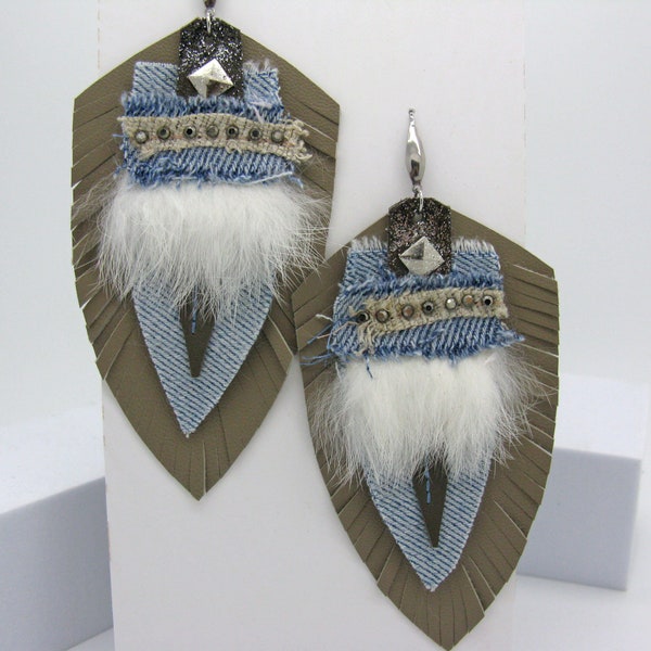 Large beige denim blue distessed earrings, mixed media, statement earrings, wild and cheeky made of leather fur rhinestones and jeans, upcycling