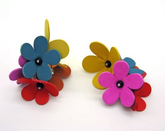 Cheerful colorful flower earrings, handmade leather earrings, statement earrings with hypoallergenic titanium earwires