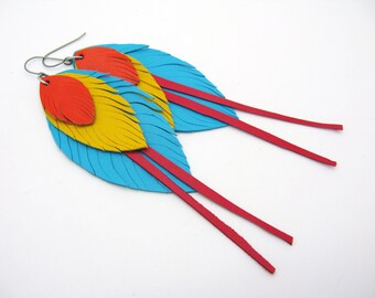 Turquoise yellow orange leather feather earrings with red accents, approx. 12 cm long, very fringed feather earrings